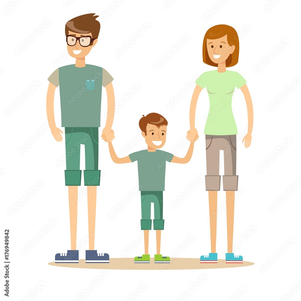 Happy family. Father, mother and son together. Vector illustration of a flat design