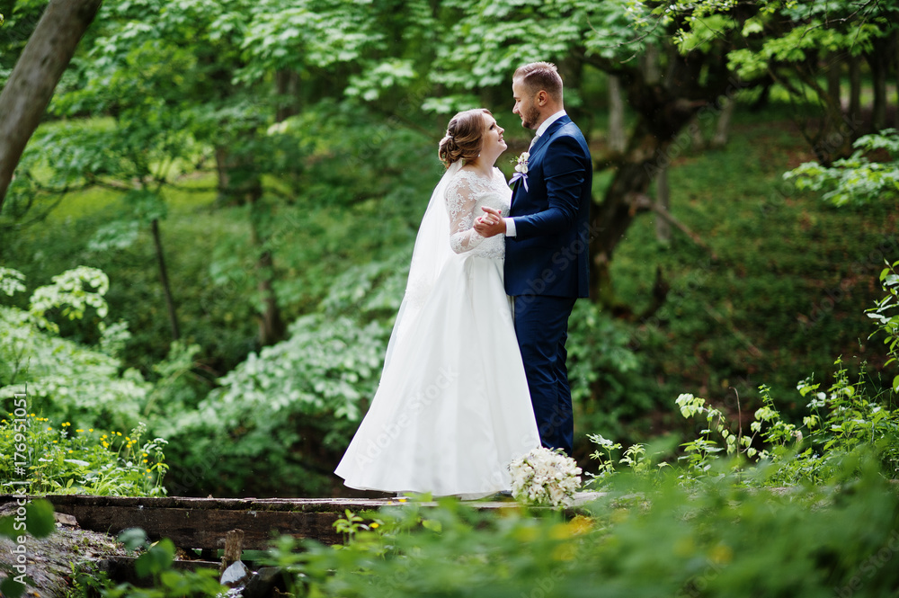 Attractive wedding couple standing and posing on a small wooden bridge next to the pond in the forest. Attractive wedding couple standing and posing on a small wooden bridge next to the pond in the forest.