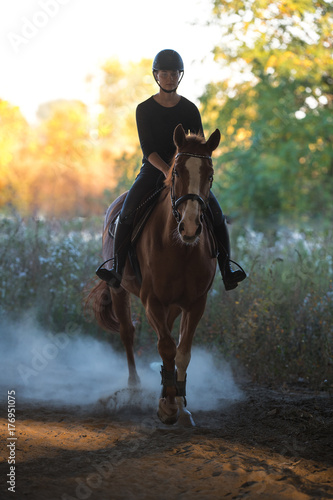 Young pretty girl riding a horse with backlit leaves behind © Dusan Kostic