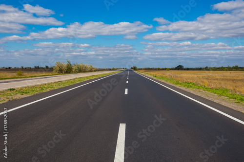 asphalt road among a green fields