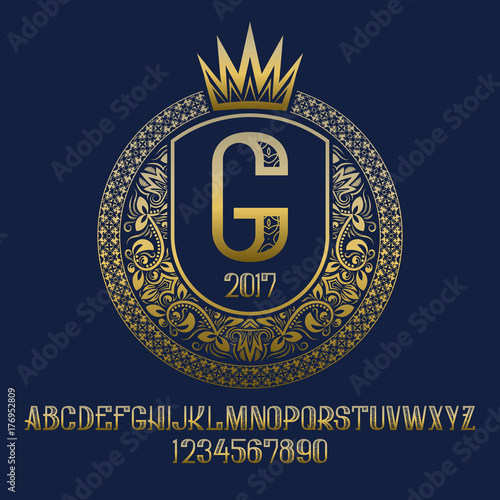 Golden patterned letters and numbers with coat of arms template with crown. Awesome font and elements kit for logo design.