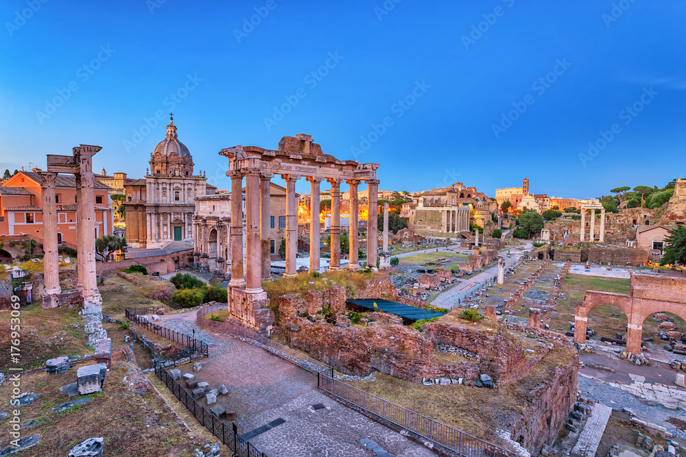 Rome night city skyline at Rome Forum (Roman Forum), Rome, Italy