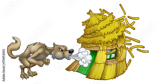Three Little Pigs Big Bad Wolf Blowing Straw House