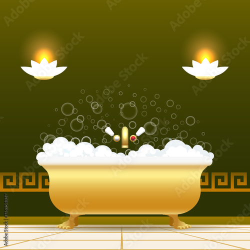 Golden bathtub vector illustration. Bath tub with water and lather soapsuds isolated on green background