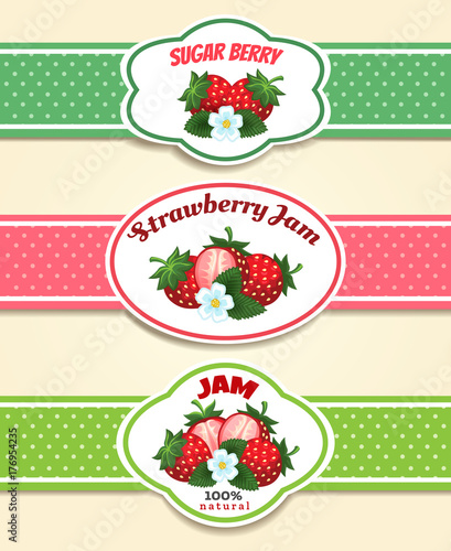 Strawberry fruit label set. Strawberries marmelade or jam retro emblems vector illustration