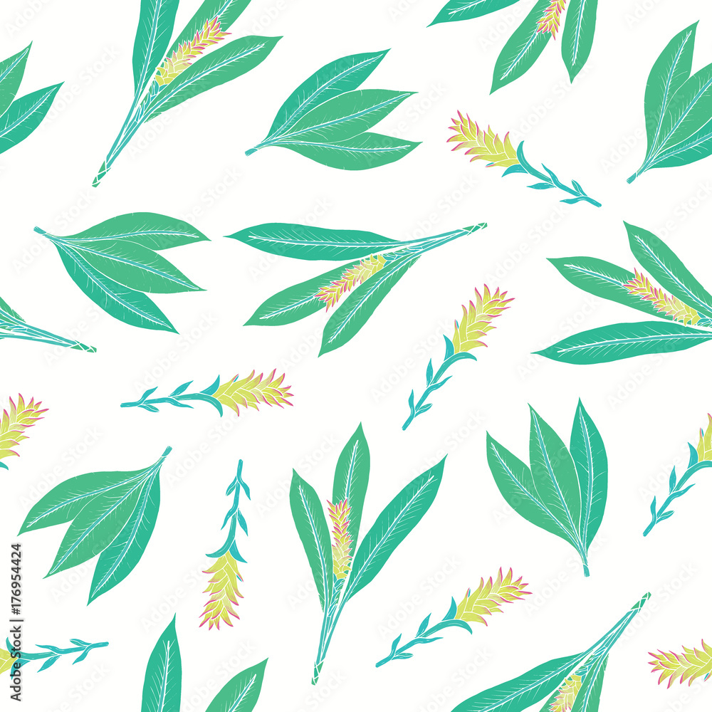 Natural seamless pattern with turmeric leaves and inflorescences. Beautiful Ayurvedic flowering plant hand drawn on white background. Colorful floral vector illustration for fabric print, backdrop. Natural seamless pattern with turmeric leaves and inflorescences. Beautiful Ayurvedic flowering plant hand drawn on white background. Colorful floral vector illustration for fabric print, backdrop.