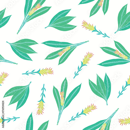 Natural seamless pattern with turmeric leaves and inflorescences. Beautiful A...