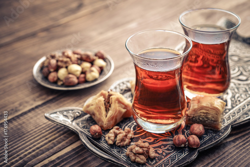 Cup of turkish tea served in traditional style