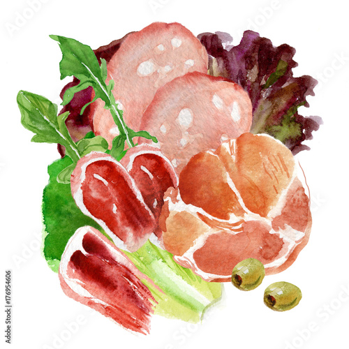 Watercolor food. Meat delicacies