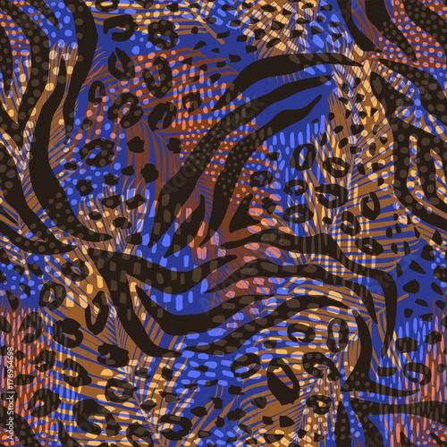 Abstract geometric seamless pattern with animal print. Trendy hand drawn textures.