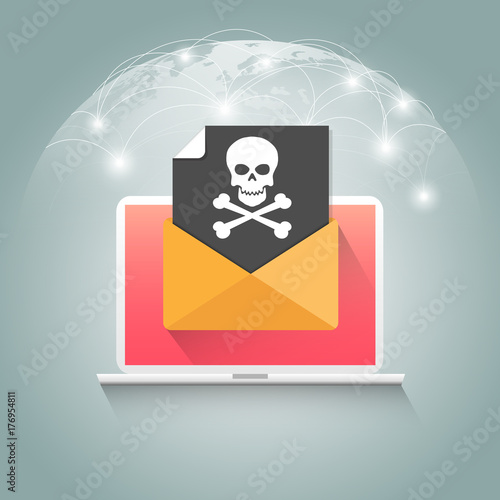 Laptop with envelope and skull on the screen. Concept of virus, piracy, hacking and security. Flat vector illustration.