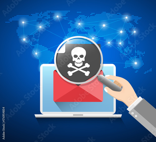 Laptop with envelope and skull on the screen. Concept of virus, piracy, hacking and security. Flat vector illustration.