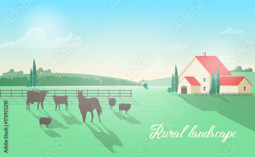 Gorgeous rural landscape with domestic animals grazing on meadow against wooden fence, farm building, green hills and clear sky on background. Beautiful pastoral scenery. Colorful vector illustration.