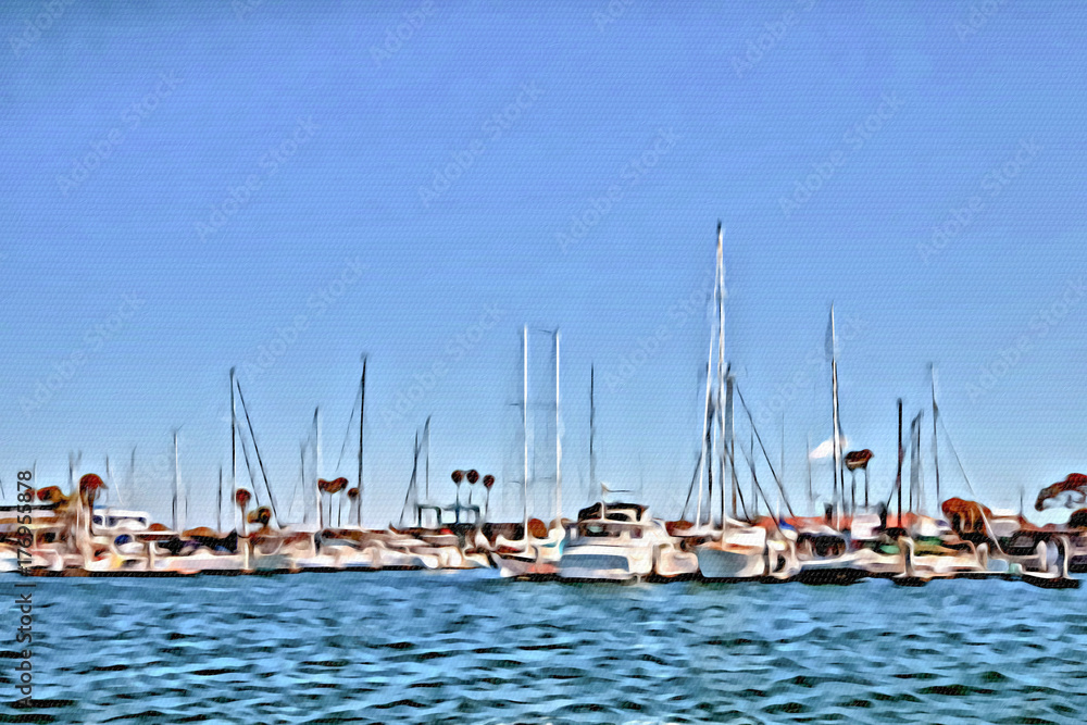 Acrylic Painting; Boats on Water at Marina Del Ray in Southern California