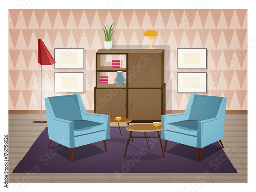 Interior of living room furnished in retro style. Old fashioned furniture and home decorations - armchairs, carpet, coffee table, sideboard, floor lamp, wall pictures. Cartoon vector illustration.