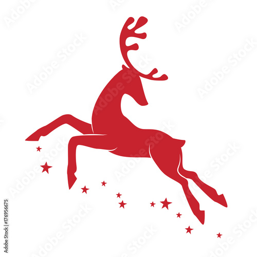 Illustration with silhouette of a red reindeer isolated on white background. Vector design with Christmas deer.