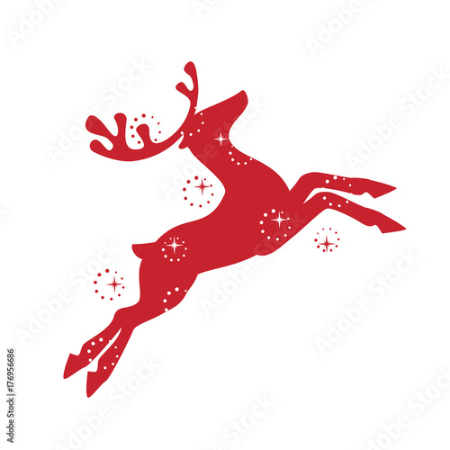 Illustration with silhouette of a red reindeer isolated on white background. Vector design with Christmas deer.