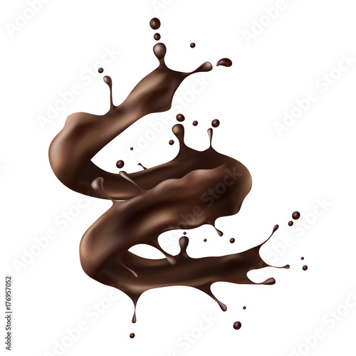 Hot chocolate, cacao or coffee spiral splash realistic vector illustration isolated on white background. Appetizing liquid dessert product splashing design element for sweet beverage or drink ad