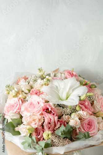 Flower composition on a gray background. Wedding and Festive decor. pink color.