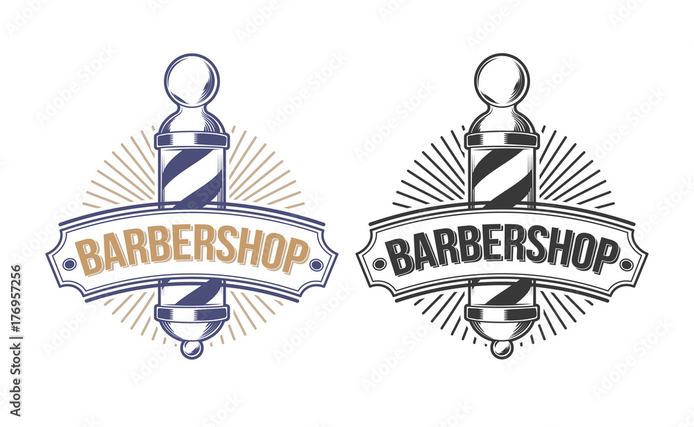 Colored and monochrome barber shop poles with ribbon engraved vector ...