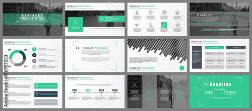 Green and gray business presentation slides templates from infographic elements. Can be used for presentation, leaflet, brochure, corporate report, marketing, advertising, annual report, banner.