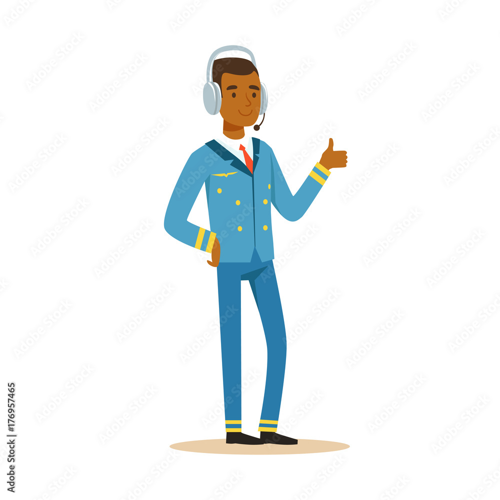 Smiling airline pilot character in blue uniform and headset showing ok sign, aircraft captain vector Illustration Smiling airline pilot character in blue uniform and headset showing ok sign, aircraft captain vector Illustration