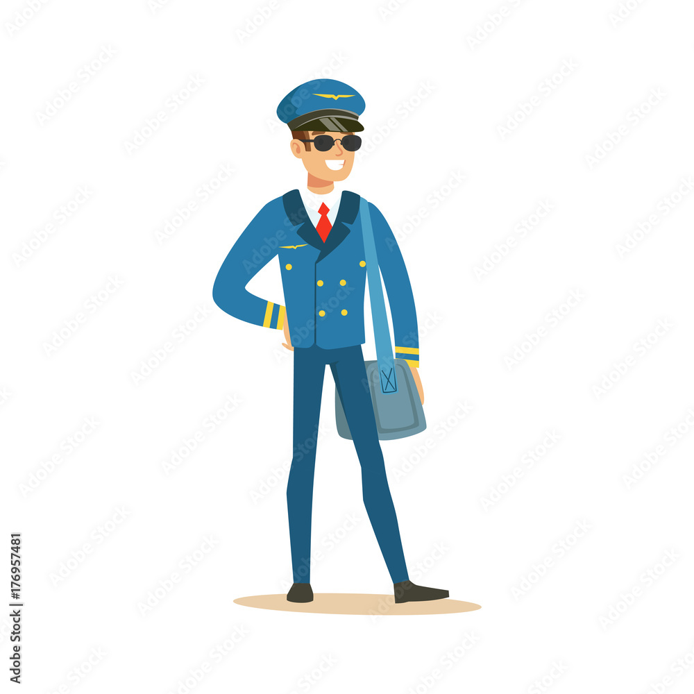 Smiling airline pilot character in blue uniform and sunglasses standing with bag, aircraft captain vector Illustration