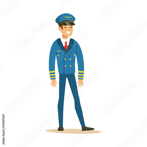 Smiling airline pilot character in blue uniform, aircraft captain vector Illustration