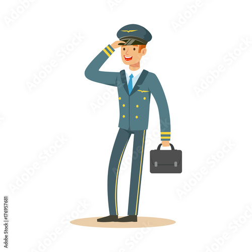 Smiling airline pilot character in blue uniform wuth briefcase, aircraft captain vector Illustration