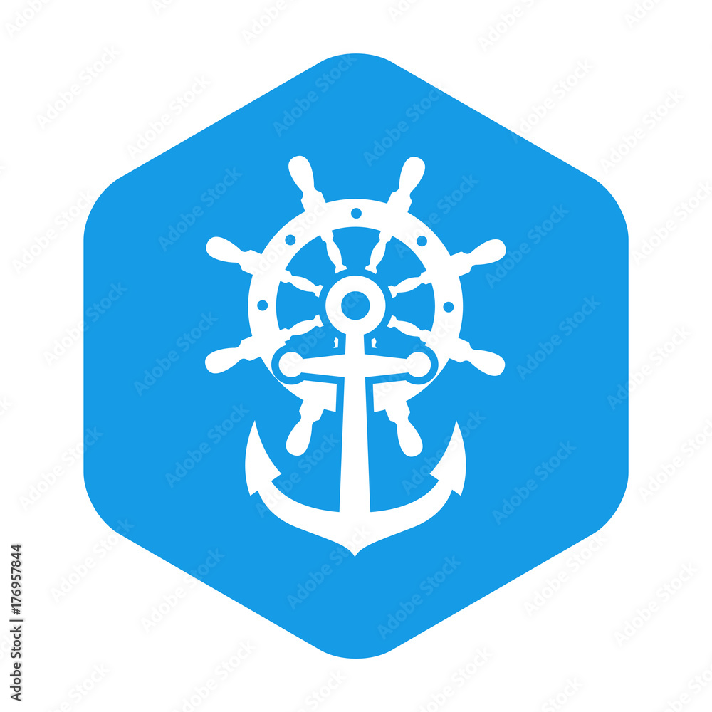 Icono plano ancla sobre timon en hexagono azul Icono plano ancla sobre timon en hexagono azul