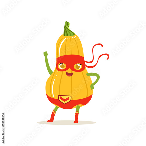 Cartoon character of superhero butternut squash with hand up