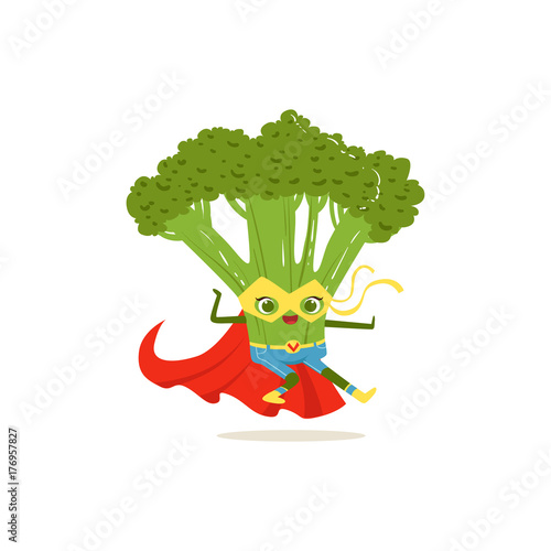 Cartoon character of superhero broccoli in fighter pose