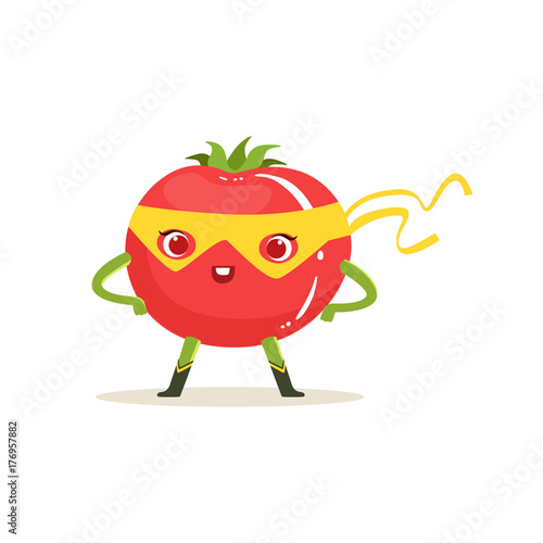 Cartoon character of superhero tomato with arms akimbo