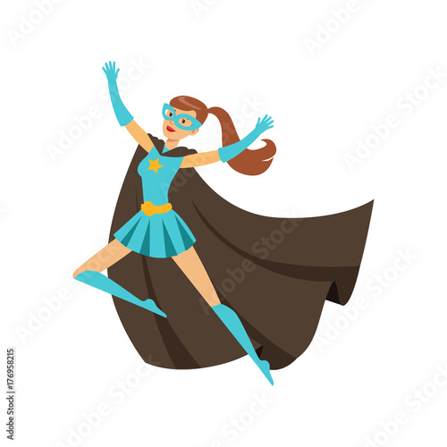 Girl superhero in classic comics costume with cape