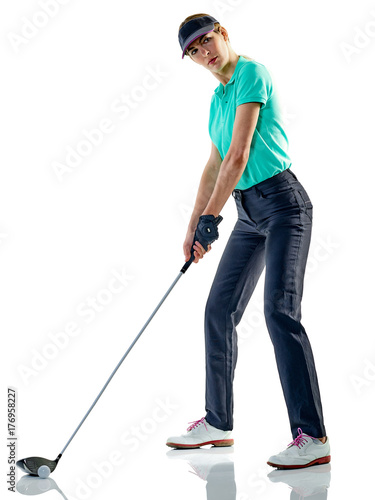 one caucasian woman woman golfer golfing in studio isolated on white background