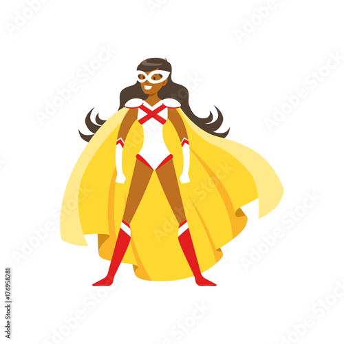 Woman superhero in classic comics costume with cape