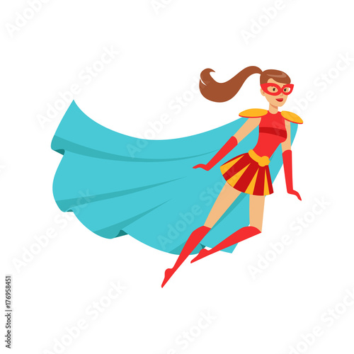 Girl superhero flying in red costume with blue cape