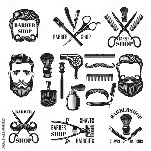 Monochrome pictures of barber shop tools. Vector illustrations for labels