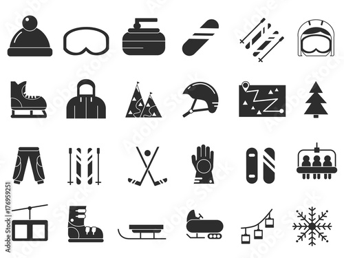 Monochrome icon set of winter sport. Vector black pictures