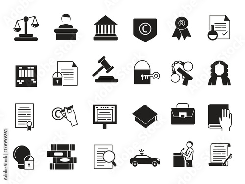 Business icons set in monochrome style. Law and protection. Legal regulations