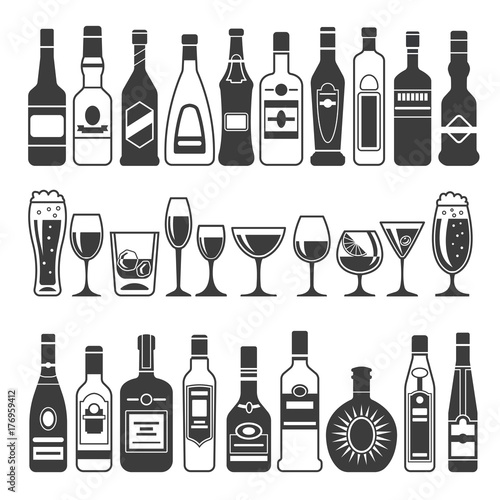 Monochrome illustrations of black pictures of alcoholic bottles. Vector illustrations for logo or label design
