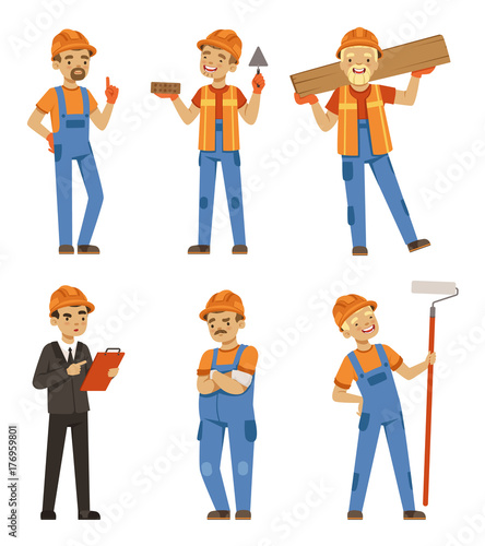 Mascot design of builders in different action poses. Industrial workers in specific uniform. Vector illustration isolate
