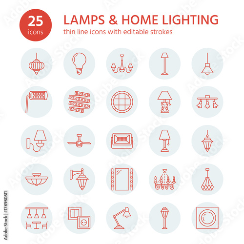 Light fixture, lamps flat line icons. Home and outdoor lighting equipment - chandelier, wall sconce, desk lamp, light bulb, power socket. Vector illustration, signs for electric, interior store. photo