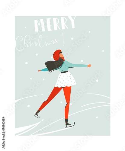 Hand drawn vector abstract fun Merry Christmas time cartoon illustration card with young girl skating on ice isolated on blue background.