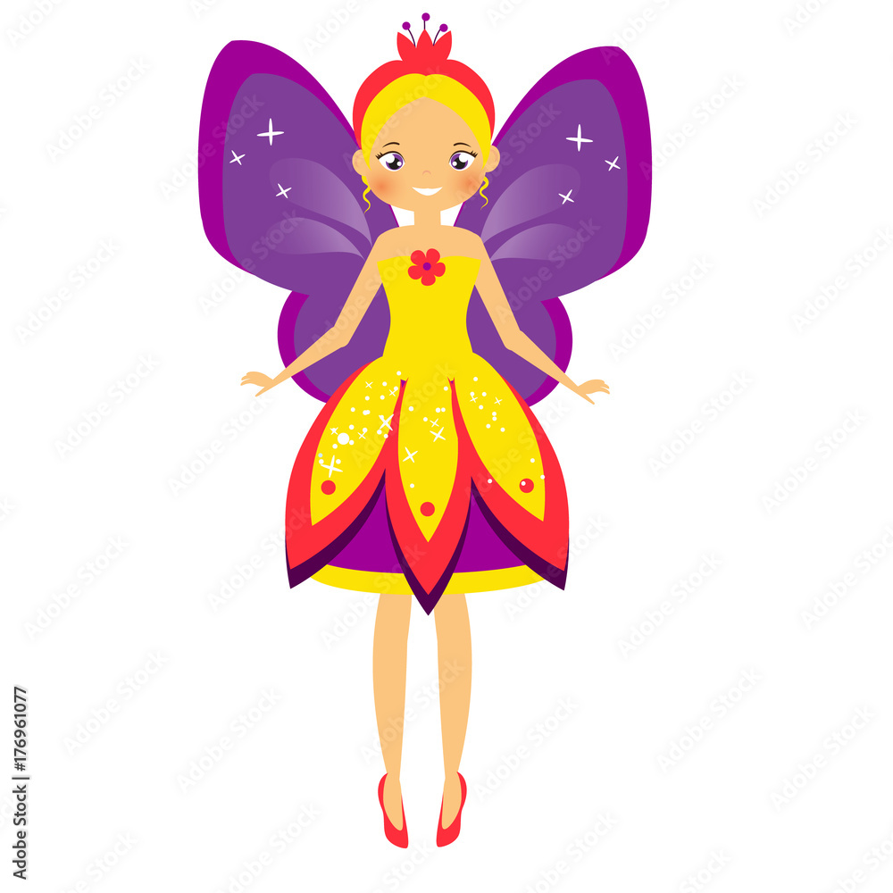 Beautiful flying fairy with purple wings. Elf princess. Cartoon style Beautiful flying fairy with purple wings. Elf princess. Cartoon style