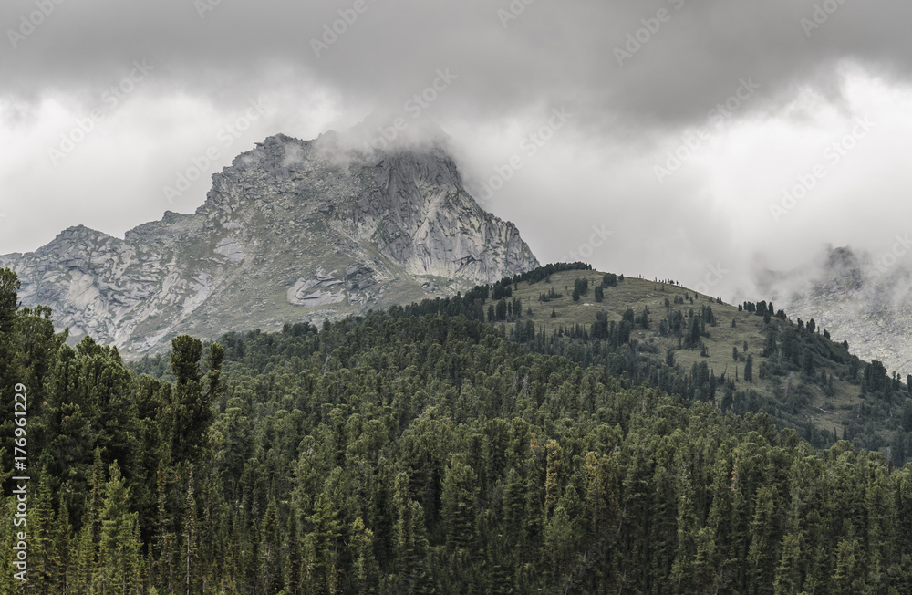 A foggy landscape, a view of the cliffs, the forest, Ergaki mountains