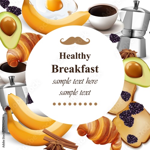 Healthy breakfast realistic background Vector. Round food card with avocado, ...