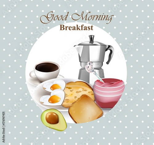 Healthy breakfast retro style card. Avocado, toasts, coffee and eggs Vector. ...