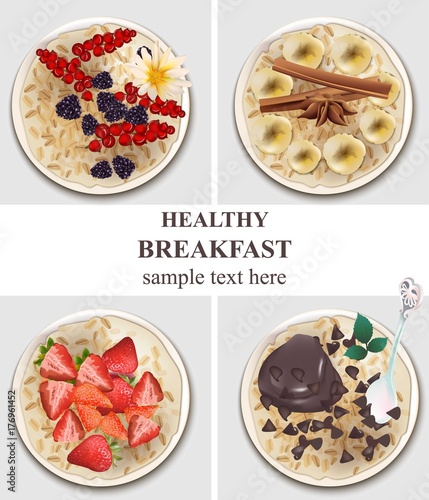 Oatmeal jars set collection. Healthy breakfasts with berry fruits, chocolate,...