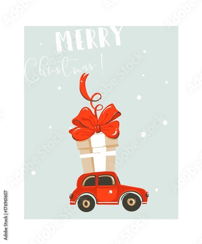 Hand drawn vector abstract fun Merry Christmas time cartoon illustration card with big red car toy and big surprise gift box isolated on blue background.